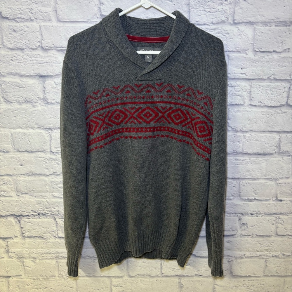 Eddie Bauer Wool Blend Sweater Large Fair Isle V Neck Grandpa Pullover